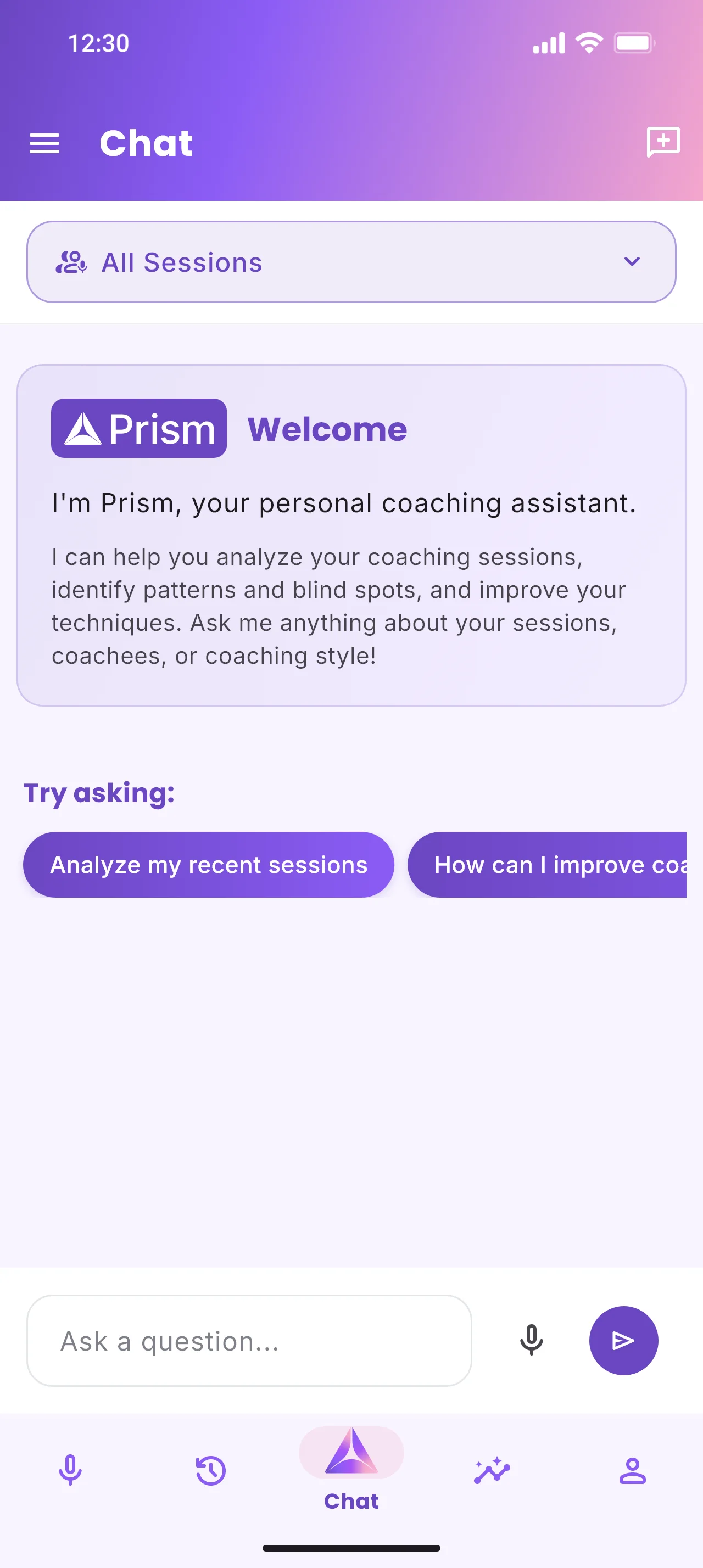Prism app - reflection chat for reviewing a coaching session