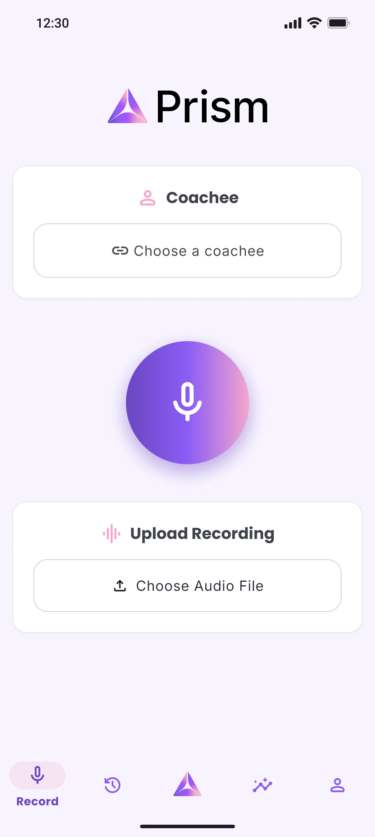 Prism app - recording screen ready to capture a coaching session