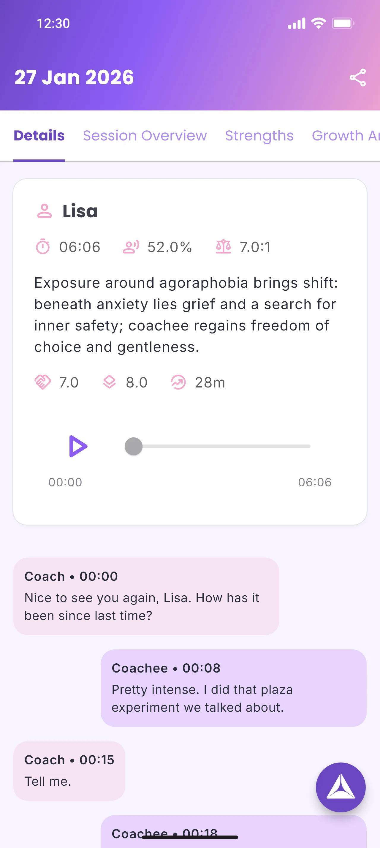 Prism app - session detail with coaching insights and transcription
