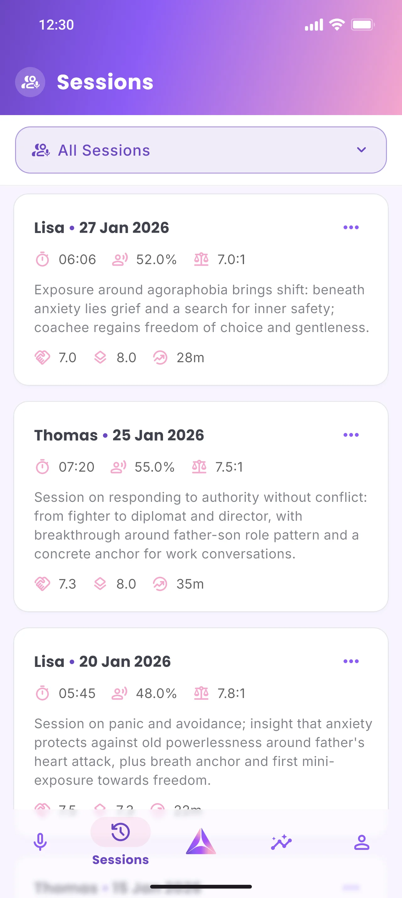 Prism app - sessions overview listing past coaching sessions